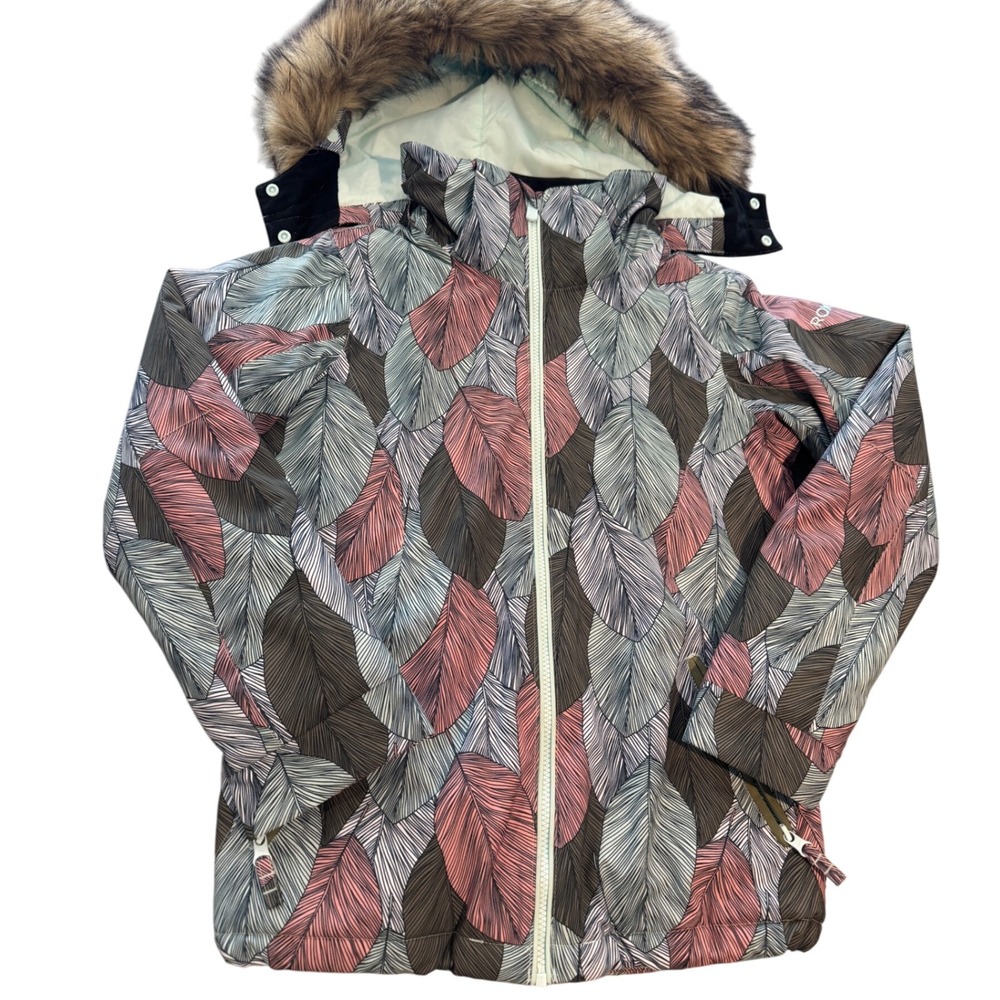 Roxy Girl Ski Snowboard Jacket Kids Large Feather Print Hooded Winter Coat